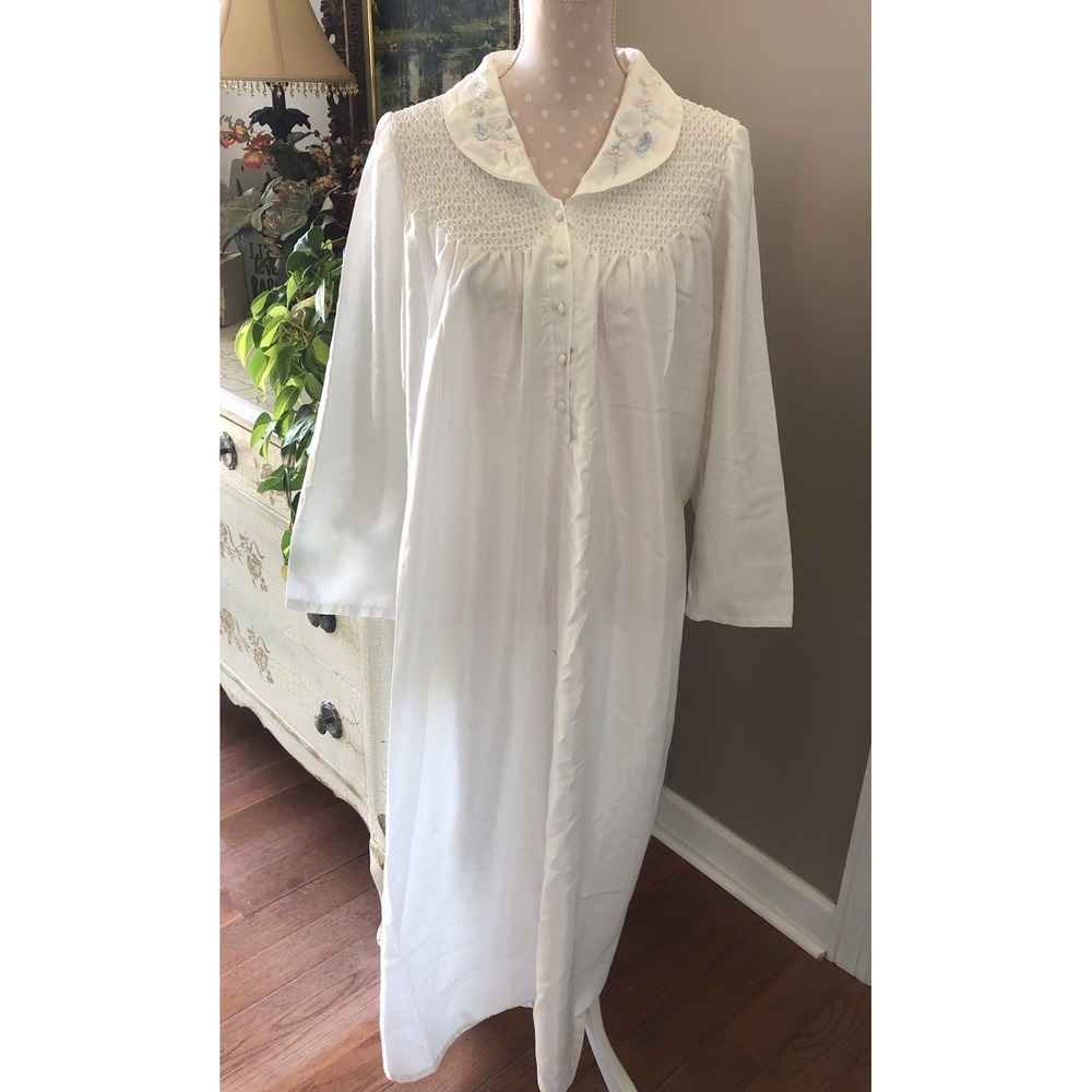 Vintage Aria Gown White Satin Long Sleeve Smocked Nightgown Prairie Medium